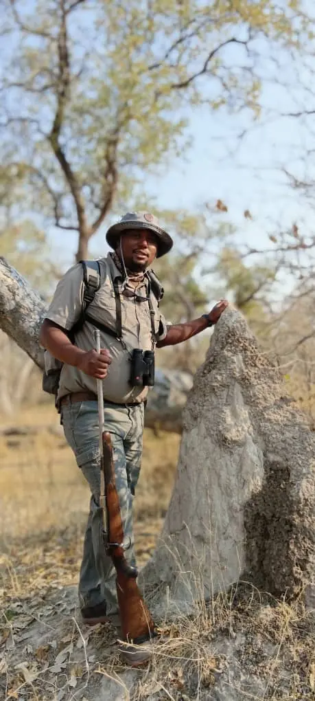 A guide explaining a termite mound on a walking safari